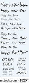 big set happy new year hand written lettering. 2020,2021th, 2022, 2023, 2024, 2025. Collection of brush painted lettering phrases. for the design of cards, writing a letter to Santa Claus, packaging 
