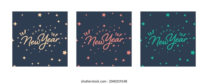 Big Set von Happy New Year Logo Text Design. Alles Gute für das neue Jahr! Sammlung von fröhlichen neuen Jahressymbolen. Vektorgrafik mit schwarzen Etiketten einzeln auf weißem Hintergrund.
