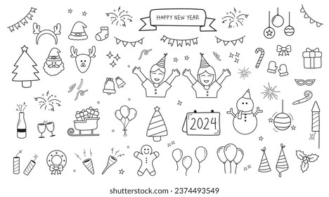 gran set feliz año nuevo y feliz colección de navidad, feliz año nuevo y feliz colección de estilos de contorno de navidad, elementos de doodle