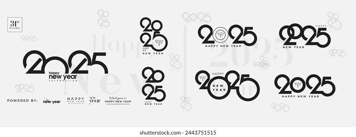 Big Set of Happy New Year 2025 logo text designs. New year 2025 number design template. Collection of Happy New Year 2025 logos. Illustration of numbers in black color and white background.