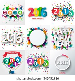 Big set of Happy New Year celebration 2016 with colorful spray paint and confetti. Vector illustration.