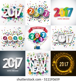 Big set of Happy New Year celebration 2017 with colorful spray paint and confetti. Vector illustration.
