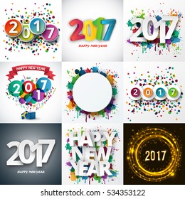 Big set of Happy New Year celebration 2017 with colorful spray paint and confetti. Vector illustration.