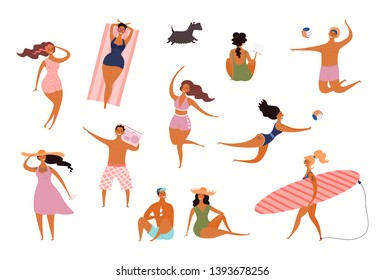 Big set of happy people on the beach, sunbathing, playing volleyball. Hand drawn vector illustration. Isolated objects on white background. Flat style design. Concept, element summer poster, banner.