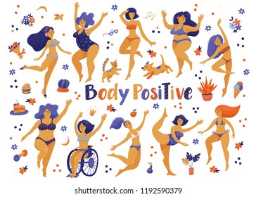 Big set of happy slim and plus size women in bikini, swimming suits dancing, flat vector illustration isolated on white background. Body positive, girl power concept set of various happy women, girls