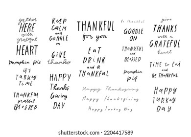 Big set of Happy Thanksgiving day handwriting lettering, isolated on white background. Greeting Autumn, fall text and quotes clip art collection. Vector illustration