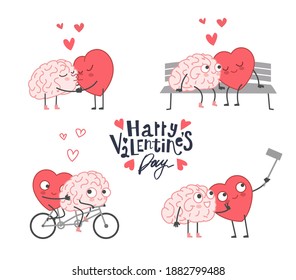 Big Set of Happy Valentines Day Theme Icons. Heart and Mind Relationship. Heart and Brain Fell in Love