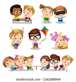 Big set of having fun, walking kids. Multiracial boys and girls sitting on bench and talking, playing at hide and seek, on swing, flying kite, doing handstand, pulling rope. Cartoon vector on white.
