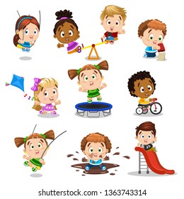 Big set of having fun, walking kids. Little boys and girls go down a slide, sit in mud puddle, play on swing, fly toy kite, jump on trampoline, ride bicycle, play in sandbox. Cartoon vector on white.