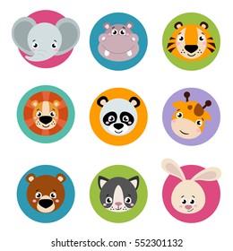 Big set head of animals icons. Vector collection funny face of animals. Cute face of animals: forest, farm, domestic in cartoon style. Giraffe, elephant, hippo, rabbit, tiger, lion, panda, cat
