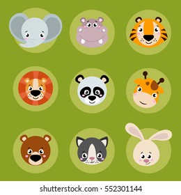 Big set head of animals icons. Vector collection funny face of animals. Cute face of animals: forest, farm, domestic in cartoon style. Giraffe, elephant, hippo, rabbit, tiger, lion, panda, cat