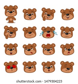 Big set of heads with expressions of emotions of funny teddy bear in cartoon style isolated on white background