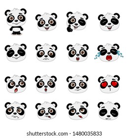 Big set of heads with expressions of emotions of funny panda bear in cartoon style isolated on white background