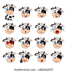 Big set of heads with expressions of emotions of funny cow in cartoon style isolated on white background