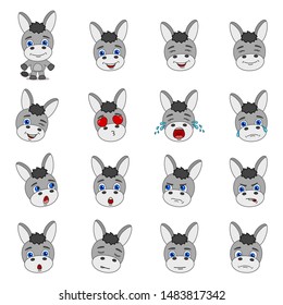 Big set of heads with expressions of emotions of funny donkey in cartoon style isolated on white background