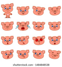 Big set of heads with expressions of emotions of funny pig in cartoon style isolated on white background