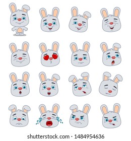 Big set of heads with expressions of emotions of funny bunny rabbit in cartoon style isolated on white background
