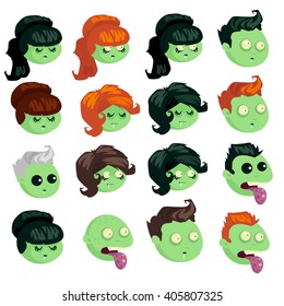 Big set of heads zombie isolated on white background. Zombie men and women in cartoon style. Vector illustration.