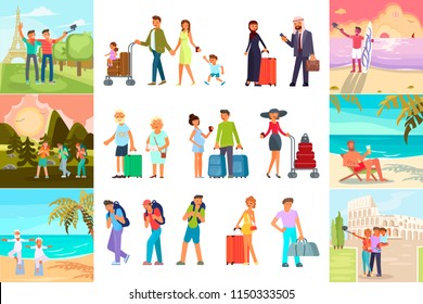Big set of healthy active lifestyle for People on summer vacation. Elderly, young people and family characters on white background. Vector illustration eps 10