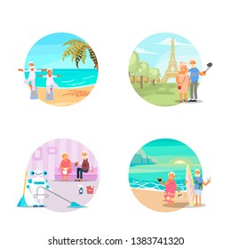 Big set of healthy active lifestyle retiree for grandparents. Elderly people characters. Grandparents family Seniorsin different situations. Flat Art Vector illustration