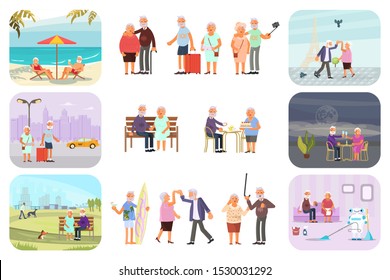 Big set of healthy active lifestyle retiree for grandparents. Elderly people characters. Grandparents family Seniors isolated on white background. Flat Art Vector illustration
