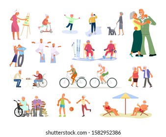 Big set of healthy active lifestyle retiree for grandparents. Elderly people characters.  Grandparents family Seniors isolated on white background Flat Art Vector illustration