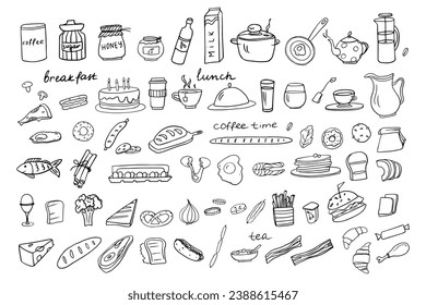 Big set of healthy food and fast food ingredients with lettering in vector. Doodle style. Hand drawn. Great for menu design, banners, sites, packaging. Vector illustration EPS10