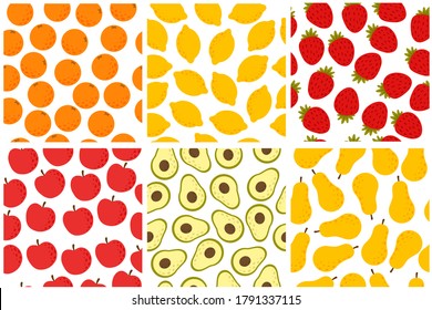 Big set of healthy fruit and vegetable patterns. Vector colorful textile decor. Orange, pear, avocado, strawberry, lemon, apple modern print