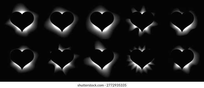 Big set of heart shaped illuminate frames with gradient. Ten white neon banners isolated on black background. Vector illustration