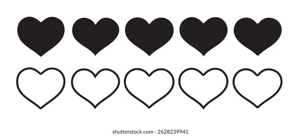 Grande conjunto de corações na cor preta, conjunto de ícones de coração negro. silhueta de coração em branco, coração romântico, Relação de coração. Ilustração de vetor