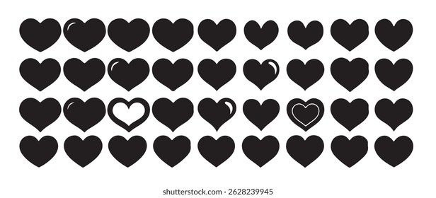 Grande conjunto de corações na cor preta, conjunto de ícones de coração negro. silhueta de coração em branco, coração romântico, Relação de coração. Ilustração de vetor