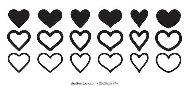 Big Set of hearts in black color, Black heart icons set. silhouette of blank heart, Romantic heart , Relation of heart. Vector Illustration