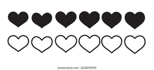 Grande conjunto de corações na cor preta, conjunto de ícones de coração negro. silhueta de coração em branco, coração romântico, Relação de coração. Ilustração de vetor