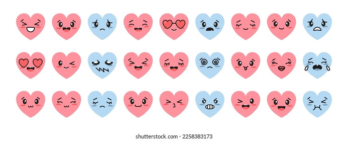 Big set of Hearts with different Kawaii Emotions. Isolated Hearts Icons on white background. Vector illustration.