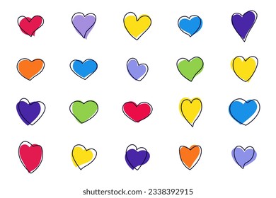 Big set of hearts. Multi colored hearts with superimposed contour. Templates for decoration of postcards, invitations, printing on fabric, paper, wallpaper. Vector illustration heart shapes