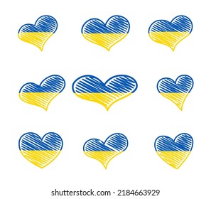 Big set of hearts in Ukrainian colors. Yellow and blue scribble heart on white background. Vector illustration