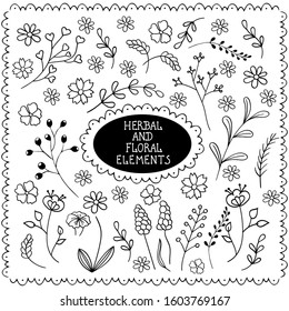 Big set of herbs, branches and flowers.Botanical vector illustration of plants.Ink drawing in Doodle style. Isolated object on white background. Decorative element for spring and summer design,wedding