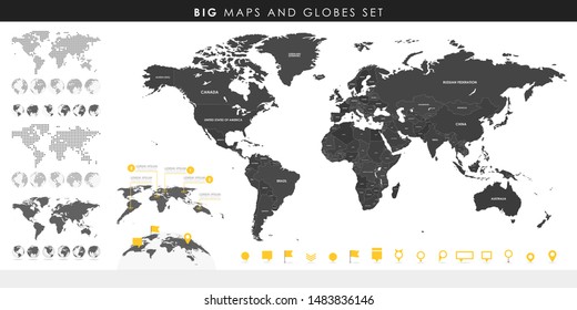 Big set of High Detailed Maps and Globes. Pins collection. Different effects. World Map and infograpchic elements. Political countries World Map. Vector illustration.