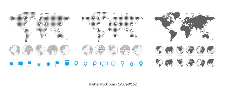 Gran conjunto de Mapas y Globos Detallados. Colección de pines. Diferentes efectos. Mapa mundial y elementos de infografía. Mapa mundial de países políticos. Ilustración vectorial.