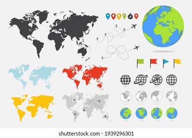 Gran conjunto de Mapas y Globos Detallados. Colección de pines. Diferentes efectos. Mapa mundial y elementos de infografía. Mapa mundial de países políticos. Ilustración vectorial eps 10