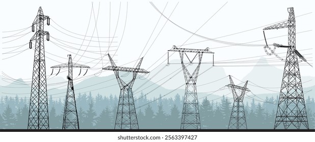 Big set of high electric towers isolated on against the backdrop of nature, mountains and trees. Vector electric pole. Silhouette power lines. Energy pylons. Black outlines illustration.