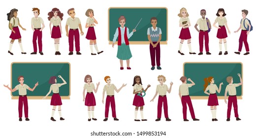 Big set of high school students in uniform. Boy and girl answering near school board. College students. Teacher with a pointer. Different nationalities. Vector flat cartoon style illustration.