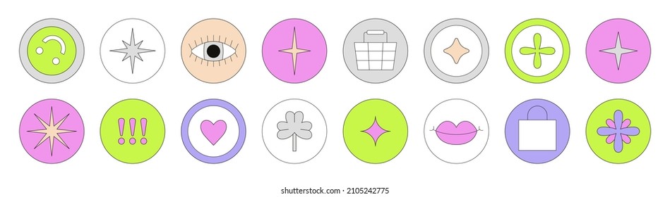 Big set of highlights in modern acid colors. Cover icons for saved stories. Vector illustration. Ideal for online shopping or blogging. Social media concept.