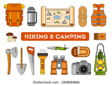Big set of hiking and camping vector illustrations. Backpack, map, thermos, life jacket, flashlight, binoculars, camera, kerosene lamp, saw, shovel, ax, folding knife.