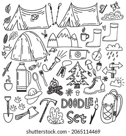 Big set for hiking in doodle style, drawn doodle various elements and items for hiking, travel, outdoor recreation. Vector doodle illustration isolated on white background.