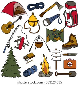 Big set of hiking icons hand drawn. Colorful collection of sketch objects. Illustration with equipment for trekking and backpacking. Tourism and outdoor recreation icon, camping trip