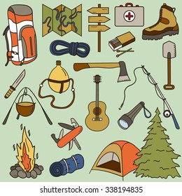 Big set of hiking icons hand drawn. Colorful collection of sketch objects. Illustration with equipment for trekking and backpacking. Tourism and outdoor recreation icon, camping trip