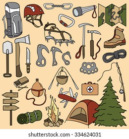 Big set of hiking icons vector. Colorful collection of sketch objects. Illustration with equipment for trekking and backpacking, climbing equipment. Tourism and outdoor recreation icon, camping trip