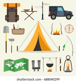 Big set of Hiking and outdoor flat nature camping travel vector illustration objects