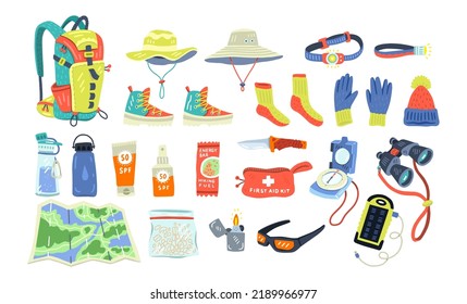 Big Set Of Hiking Or Travel Equipment: Clothes, Tools, Snacks, Gear. Collection For Touristic Landing Page, Web Design, Flyer, Card, Poster, Banner. Flat Cartoon Hand-drawn Style